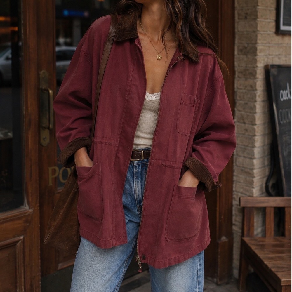 Denim & Co Barn Jacket Burgundy Cotton Canvas Corduroy Plaid Lined 3X ss
